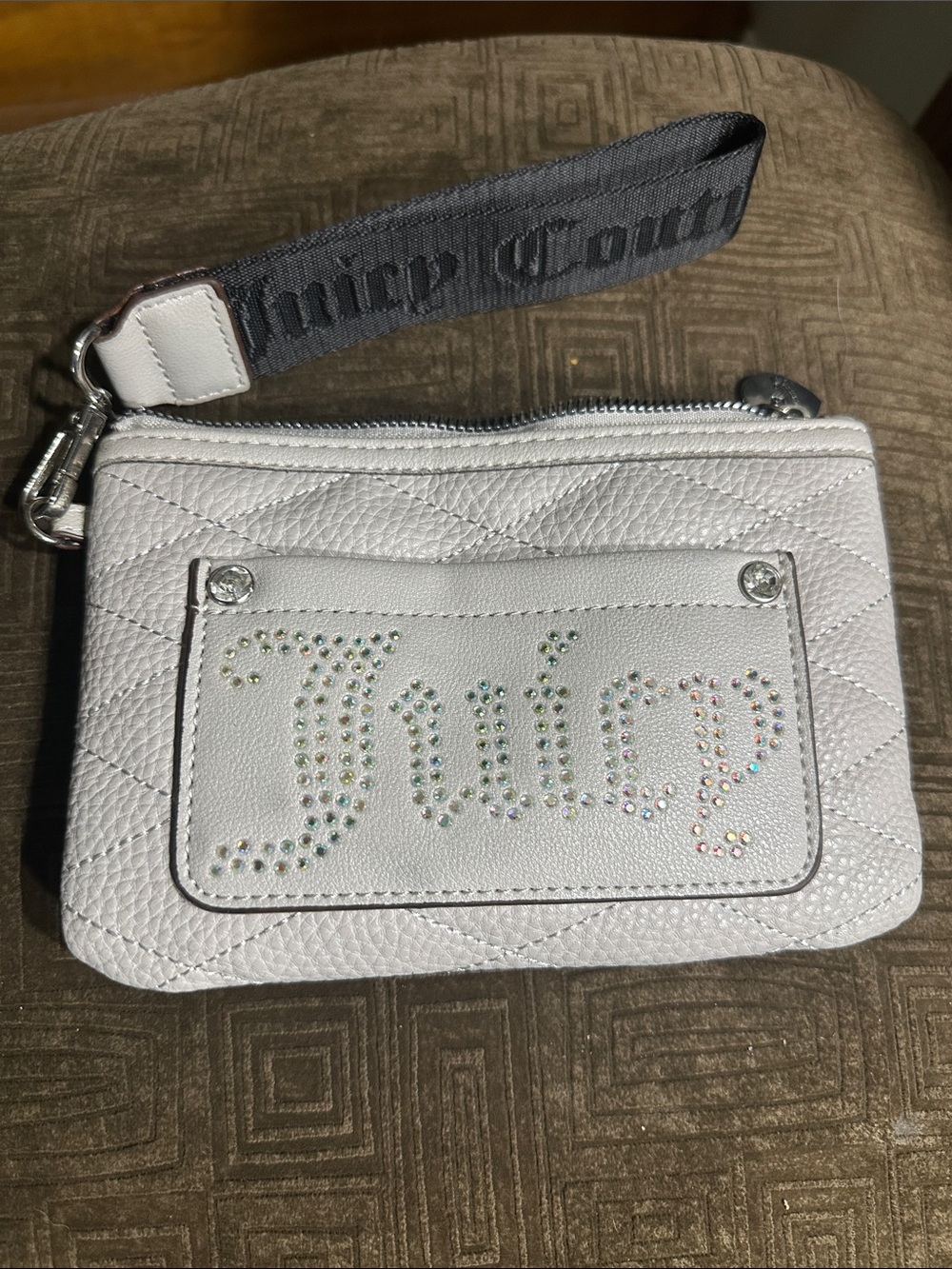 Juicy Couture Gray Quilted Leather Rhinestone Logo Wristlet with Black Strap